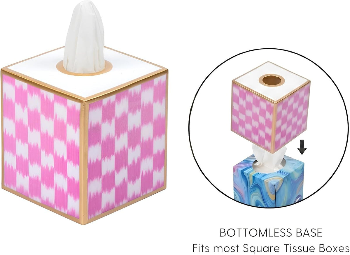 Ikat Checkered Tissue Box Cover Gold Trim, Pink & White Tissue Box Cover Square, Facial Tissue Holder, Enamel Tissue Box Holder for Bathroom Vanity, Bedroom, Office, Checkered Home Decor
