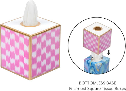 Ikat Checkered Tissue Box Cover Gold Trim, Pink & White Tissue Box Cover Square, Facial Tissue Holder, Enamel Tissue Box Holder for Bathroom Vanity, Bedroom, Office, Checkered Home Decor