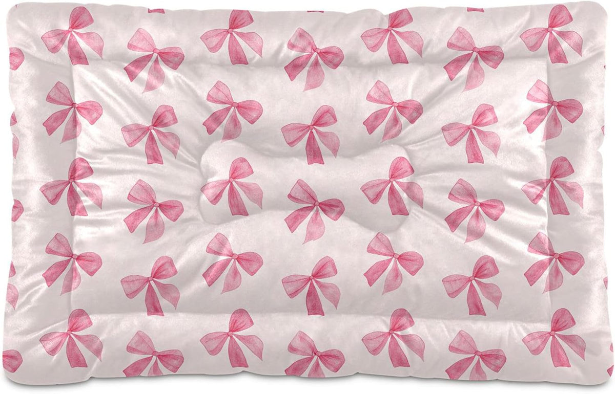Pink Bows Pet Bed Pad, Soft Pet Pad with Non-Slip Bottom, Bed Mat for Cat and Dog, Machine Washable Mattress for Living Room Crate Car, 24"x18"