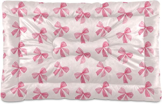 Pink Bows Pet Bed Pad, Soft Pet Pad with Non-Slip Bottom, Bed Mat for Cat and Dog, Machine Washable Mattress for Living Room Crate Car, 24"x18"