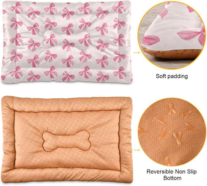 Pink Bows Pet Bed Pad, Soft Pet Pad with Non-Slip Bottom, Bed Mat for Cat and Dog, Machine Washable Mattress for Living Room Crate Car, 24"x18"