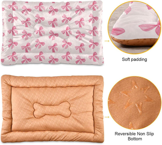 Pink Bows Pet Bed Pad, Soft Pet Pad with Non-Slip Bottom, Bed Mat for Cat and Dog, Machine Washable Mattress for Living Room Crate Car, 24"x18"