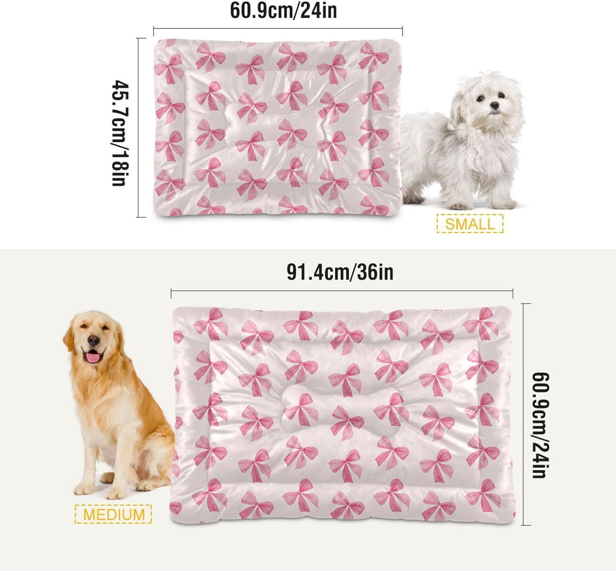 Pink Bows Pet Bed Pad, Soft Pet Pad with Non-Slip Bottom, Bed Mat for Cat and Dog, Machine Washable Mattress for Living Room Crate Car, 24"x18"