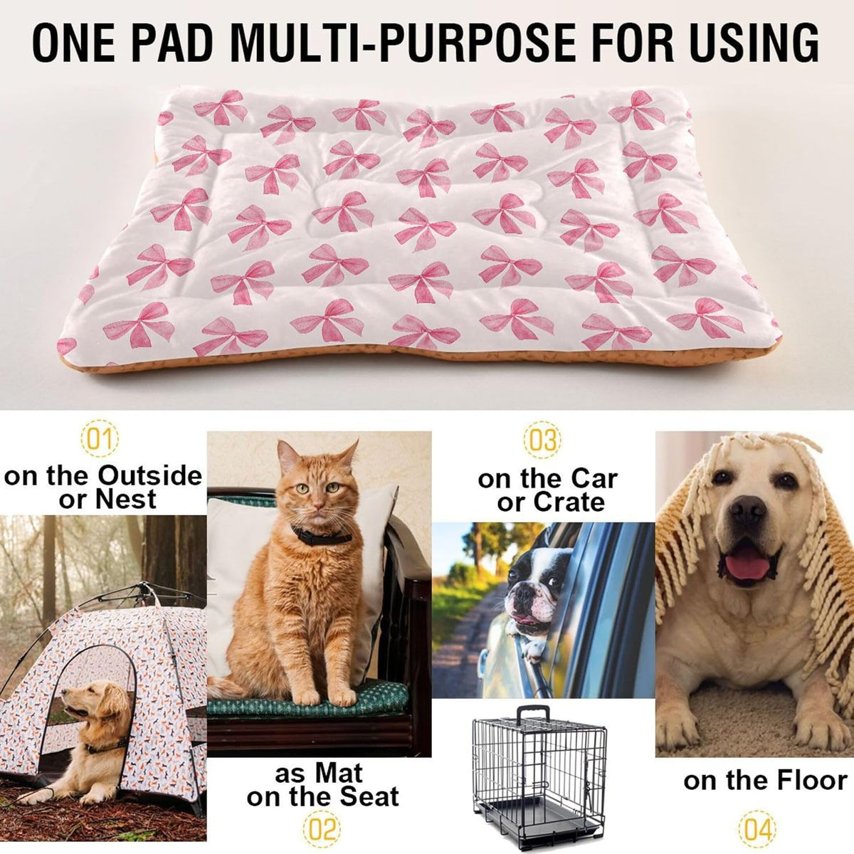 Pink Bows Pet Bed Pad, Soft Pet Pad with Non-Slip Bottom, Bed Mat for Cat and Dog, Machine Washable Mattress for Living Room Crate Car, 24"x18"