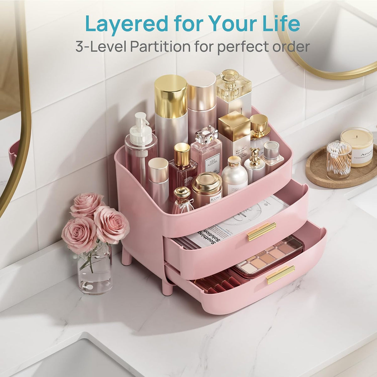 3-Tier Skincare Makeup Organizer, Pink