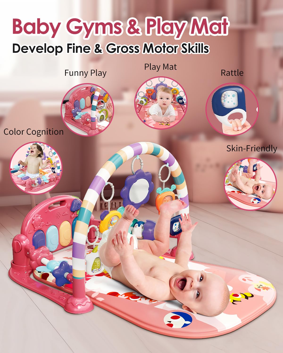 Pink Tiger Theme Baby Play Mat Gym with Kick & Play Piano