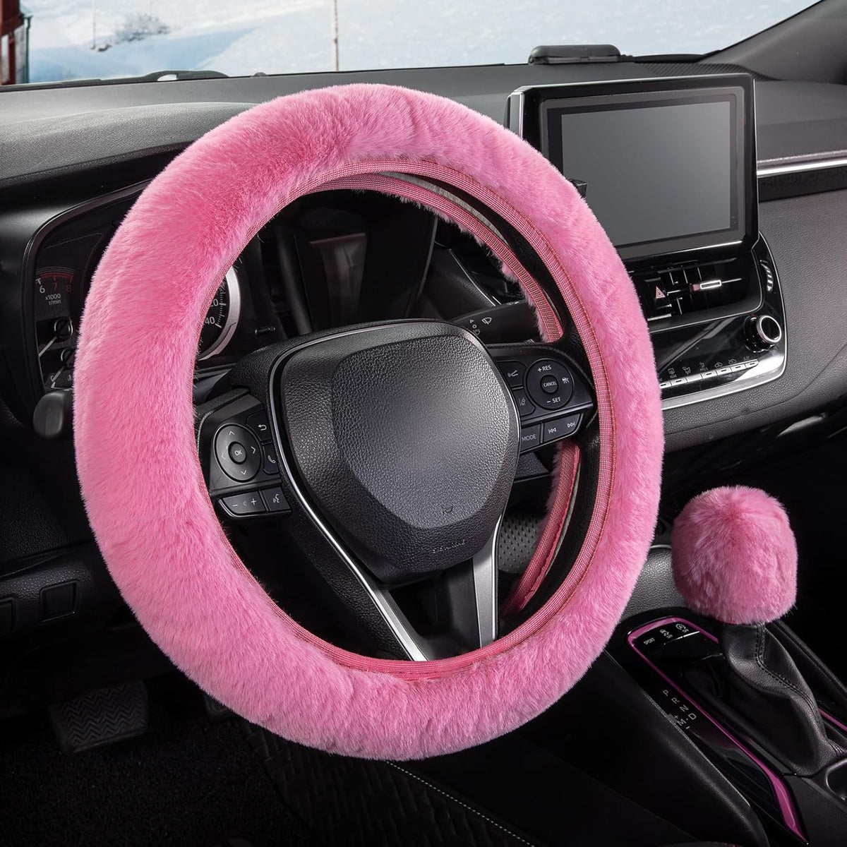 Furry Steering Wheel Cover, Fluffy Fuzzy Gear Shift Cover, Pink