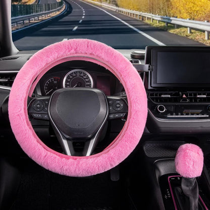 Furry Steering Wheel Cover, Fluffy Fuzzy Gear Shift Cover, Pink