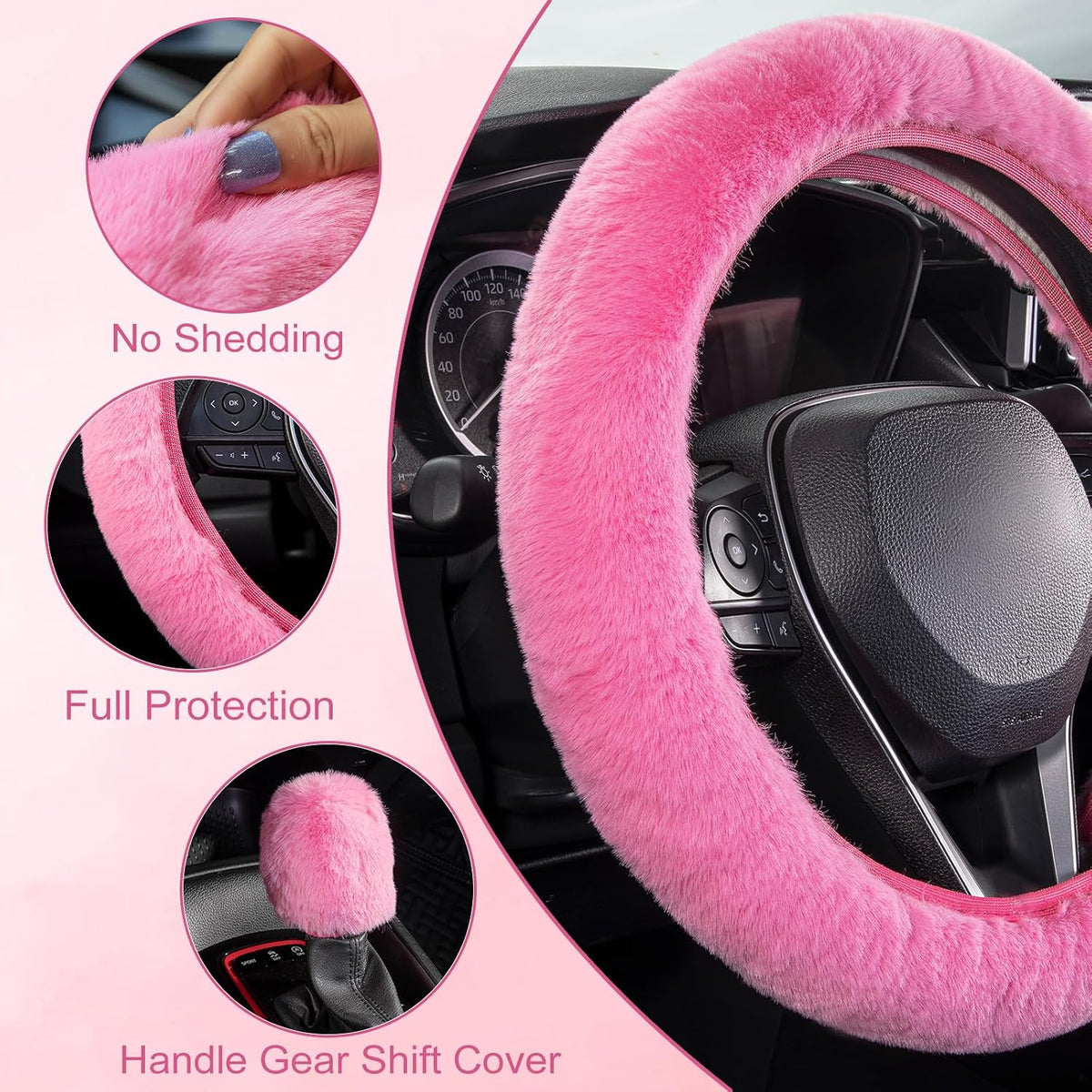 Furry Steering Wheel Cover, Fluffy Fuzzy Gear Shift Cover, Pink