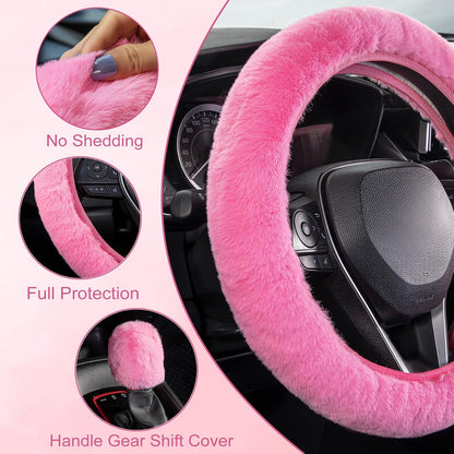 Furry Steering Wheel Cover, Fluffy Fuzzy Gear Shift Cover, Pink