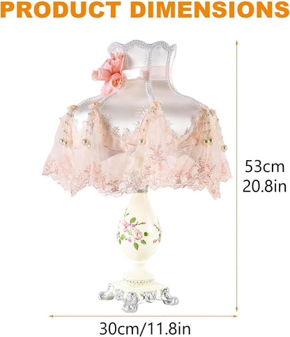 Victorian Style Table Lamp Pink Princess lamp, Romantic Bedroom Night Light with Resin Flower Carved Base, Bedside Desk Lighting for Girl's Room Bedroom Reading
