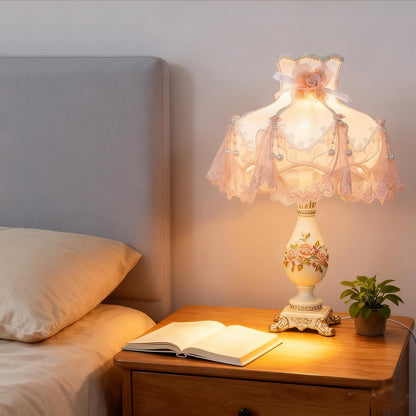 Victorian Style Table Lamp Pink Princess lamp, Romantic Bedroom Night Light with Resin Flower Carved Base, Bedside Desk Lighting for Girl's Room Bedroom Reading