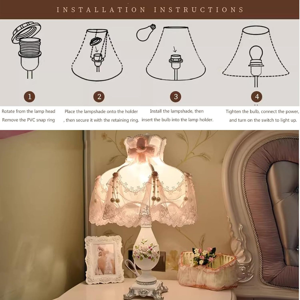 Victorian Style Table Lamp Pink Princess lamp, Romantic Bedroom Night Light with Resin Flower Carved Base, Bedside Desk Lighting for Girl's Room Bedroom Reading