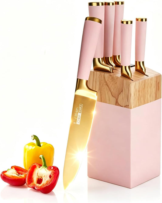 7 Pcs Aesthetic Gold Pink Kitchen Knife Set with Wooden Block Sharpener