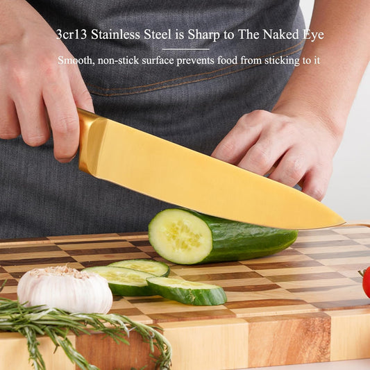 7 Pcs Aesthetic Gold Pink Kitchen Knife Set with Wooden Block Sharpener