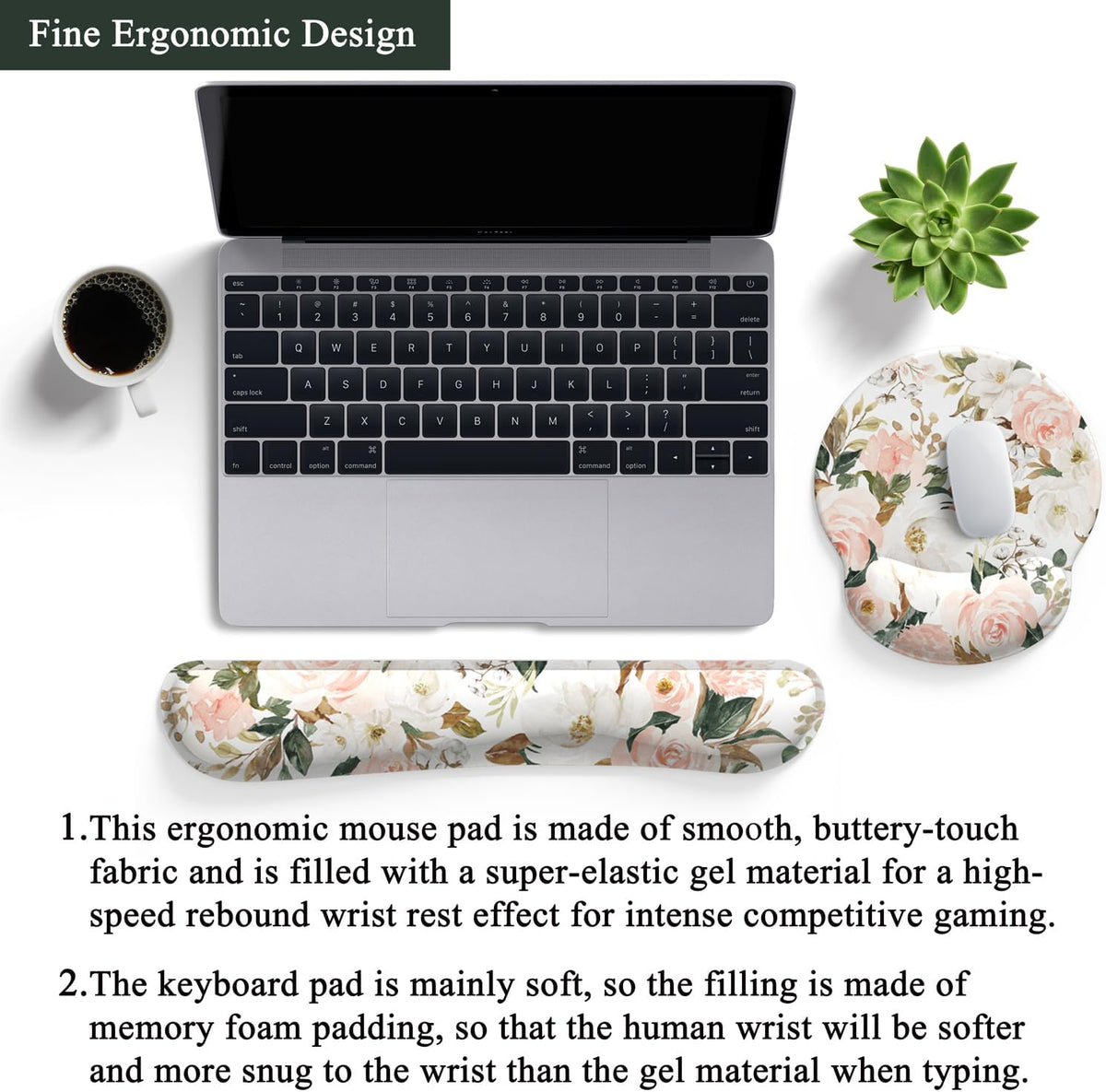 Pink Flower Desktop Mat Aesthetic Wrist Support Keyboard Mouse Wrist Rest Set, Computer Office Comfortable Wrist Rest for Mouse Easy Typing & Pain Relief, Ergonomic Computer Mouse Pad with Pu Base.