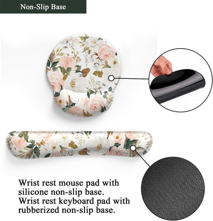 Pink Flower Desktop Mat Aesthetic Wrist Support Keyboard Mouse Wrist Rest Set, Computer Office Comfortable Wrist Rest for Mouse Easy Typing & Pain Relief, Ergonomic Computer Mouse Pad with Pu Base.