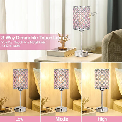 Pink Lamps for Night Stands-Crystal Table Lamp with USB-C+A & AC Charging Ports, 3-Way Dimmable Nightstand Touch Lamp, Bedside Desk lamp for Bedroom Living Room Home Office