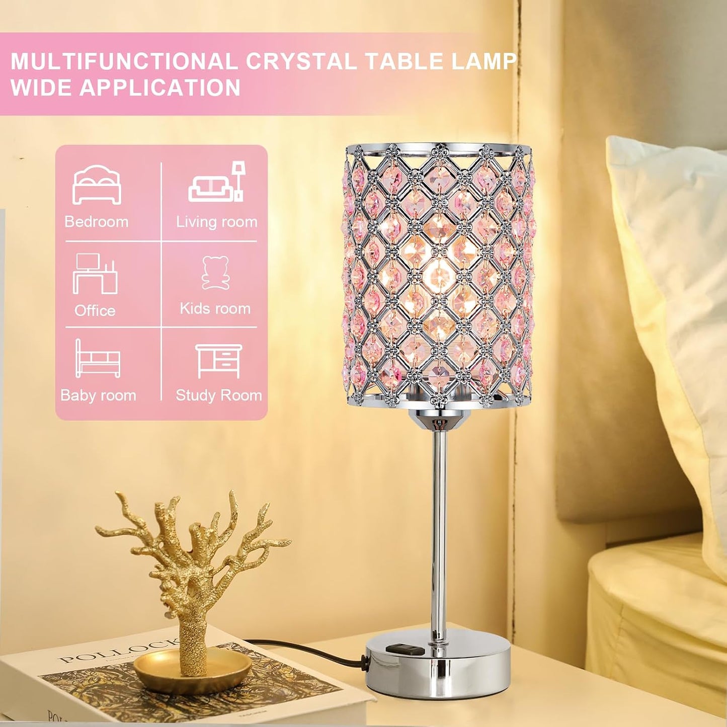 Pink Lamps for Night Stands-Crystal Table Lamp with USB-C+A & AC Charging Ports, 3-Way Dimmable Nightstand Touch Lamp, Bedside Desk lamp for Bedroom Living Room Home Office
