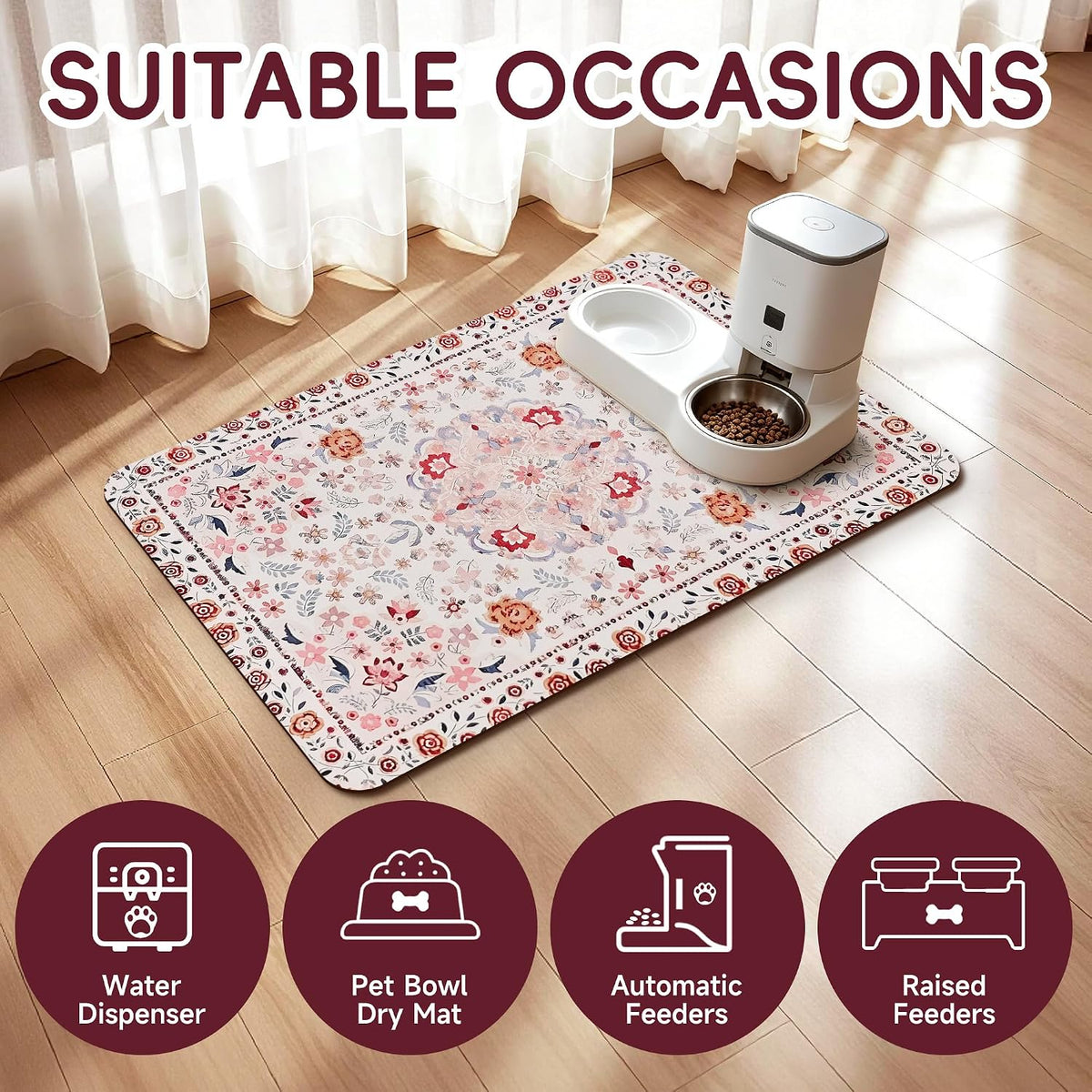 Dog Feeding Mat, Super Absorbent Dog Mats for Food and Water Bowl, Non Slip Pet Placemat for Floors, No Stains Quick Dry Dispenser Mat for Dog and Cat (Pink, 20"x12")