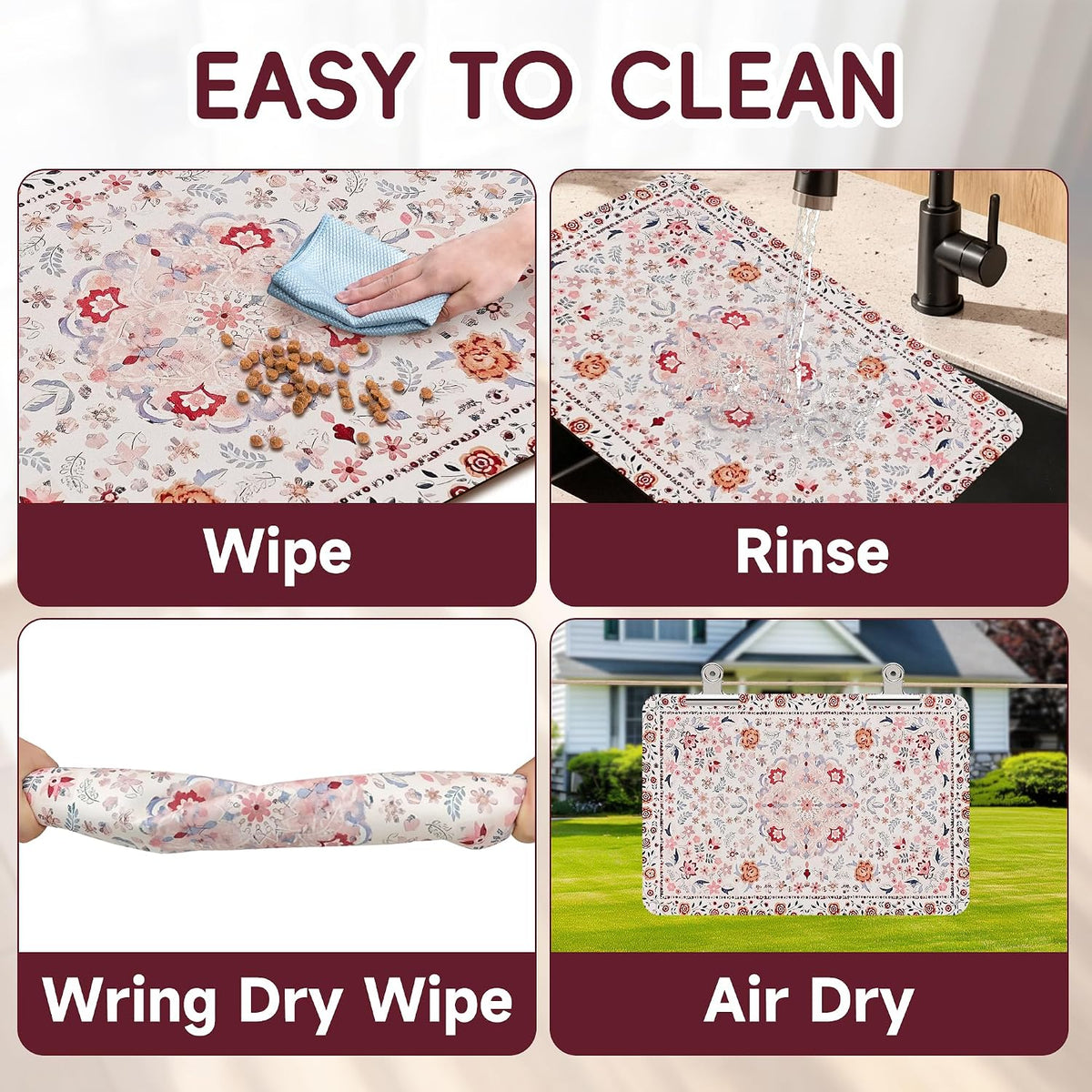 Dog Feeding Mat, Super Absorbent Dog Mats for Food and Water Bowl, Non Slip Pet Placemat for Floors, No Stains Quick Dry Dispenser Mat for Dog and Cat (Pink, 20"x12")