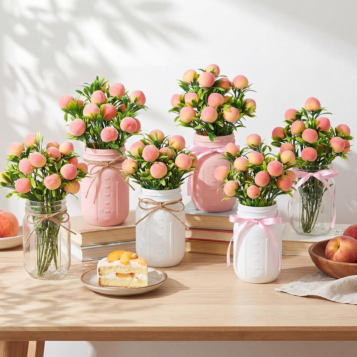 6 Sets Artificial Peach Branches with Vase Ribbon 12.6'' Realistic Faux Fruit Bouquet Fake Stem with Green Leaves Decorative for Home Party Farmhouse Table Decor (Pink, White, Clear)