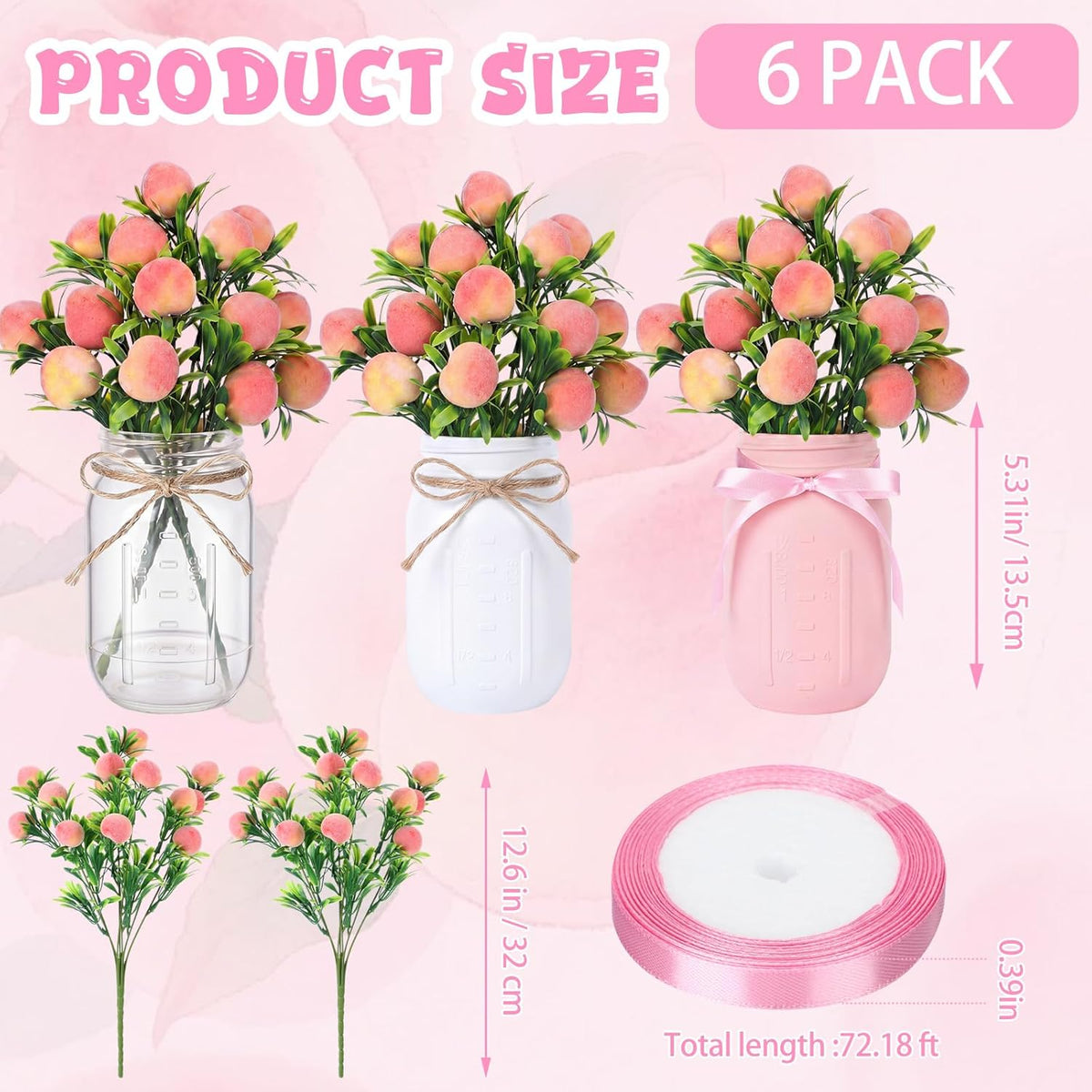 6 Sets Artificial Peach Branches with Vase Ribbon 12.6'' Realistic Faux Fruit Bouquet Fake Stem with Green Leaves Decorative for Home Party Farmhouse Table Decor (Pink, White, Clear)