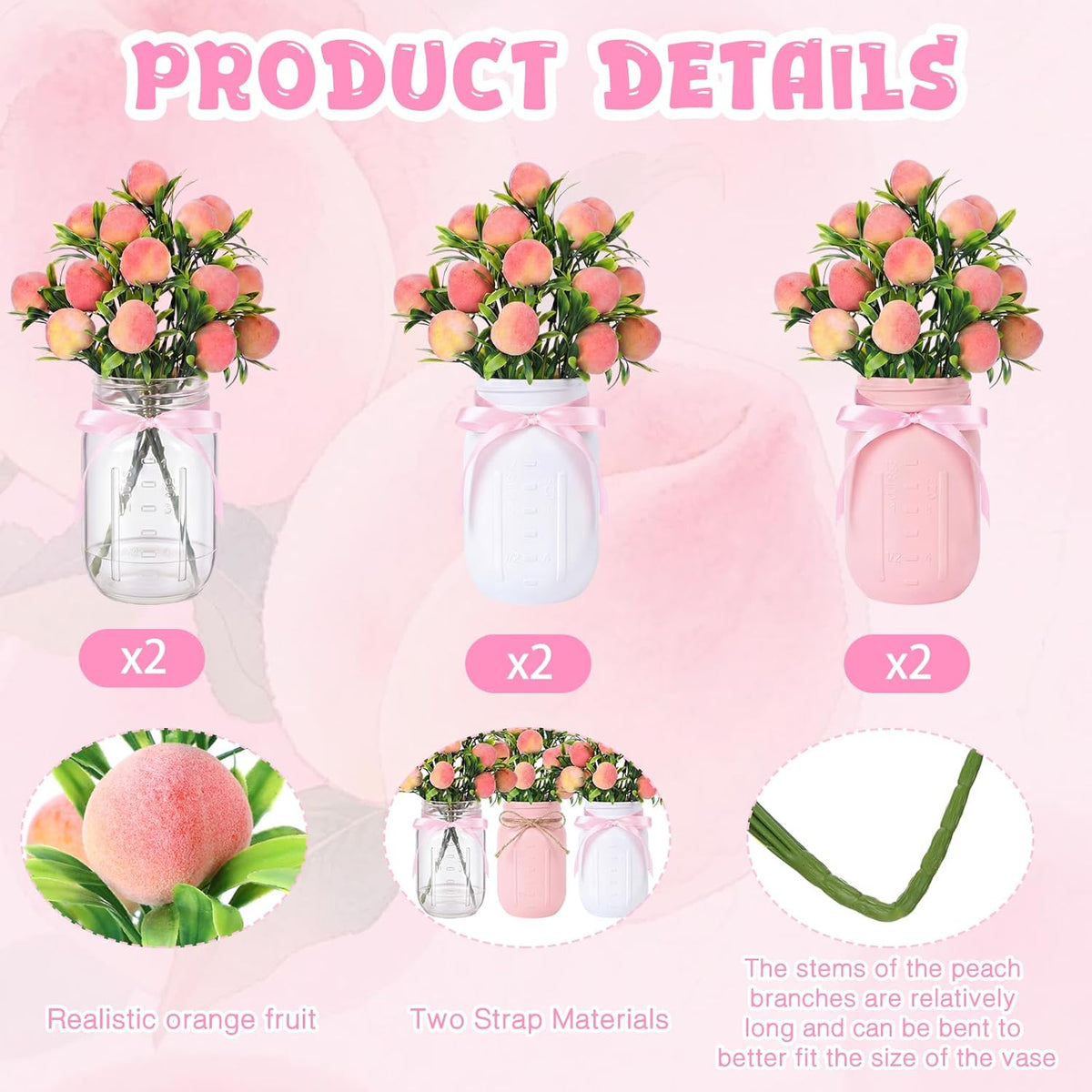 6 Sets Artificial Peach Branches with Vase Ribbon 12.6'' Realistic Faux Fruit Bouquet Fake Stem with Green Leaves Decorative for Home Party Farmhouse Table Decor (Pink, White, Clear)