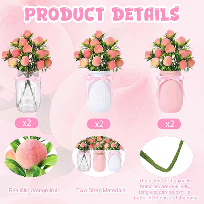 6 Sets Artificial Peach Branches with Vase Ribbon 12.6'' Realistic Faux Fruit Bouquet Fake Stem with Green Leaves Decorative for Home Party Farmhouse Table Decor (Pink, White, Clear)