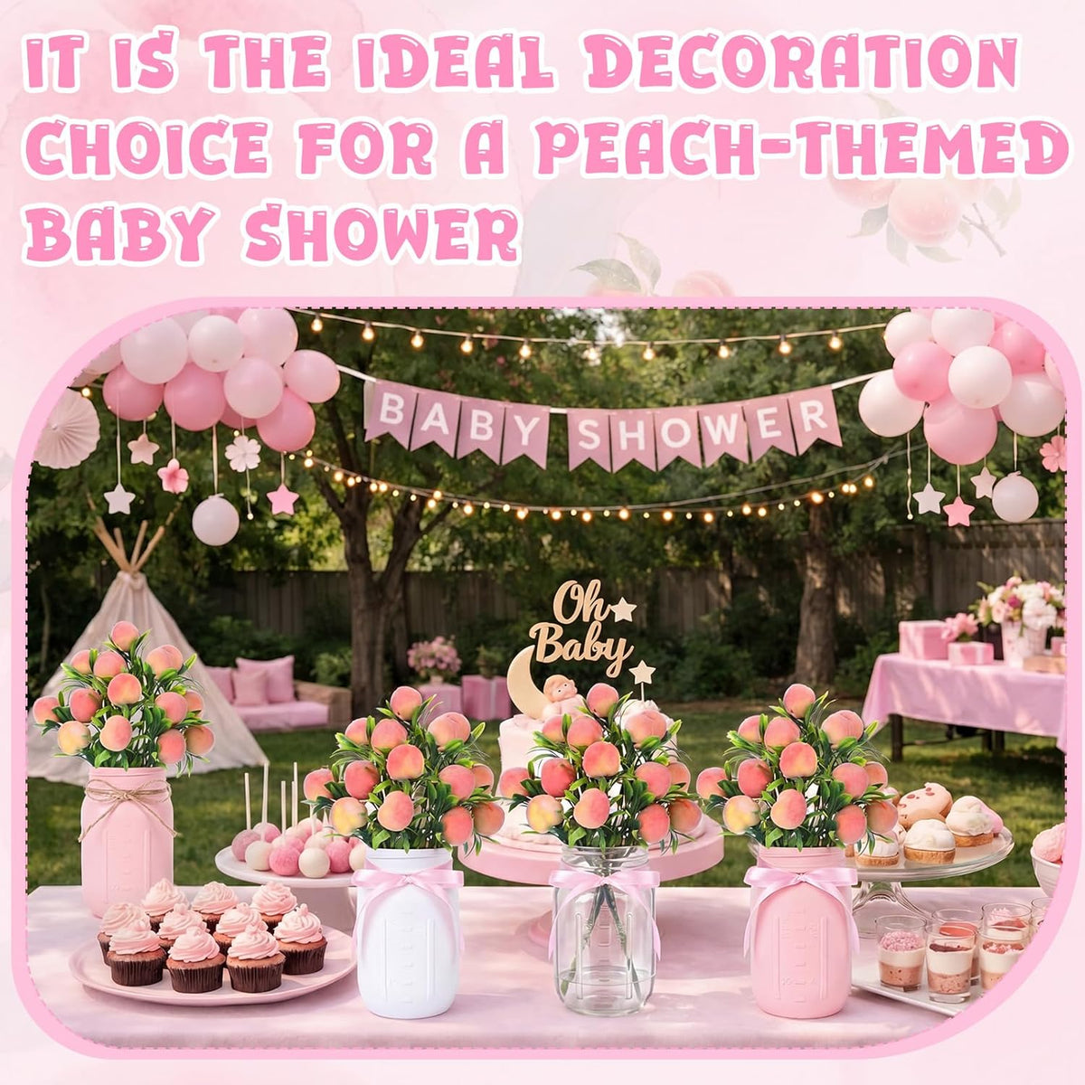 6 Sets Artificial Peach Branches with Vase Ribbon 12.6'' Realistic Faux Fruit Bouquet Fake Stem with Green Leaves Decorative for Home Party Farmhouse Table Decor (Pink, White, Clear)