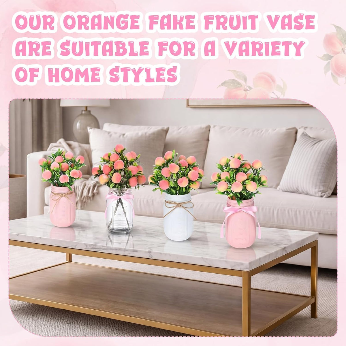 6 Sets Artificial Peach Branches with Vase Ribbon 12.6'' Realistic Faux Fruit Bouquet Fake Stem with Green Leaves Decorative for Home Party Farmhouse Table Decor (Pink, White, Clear)