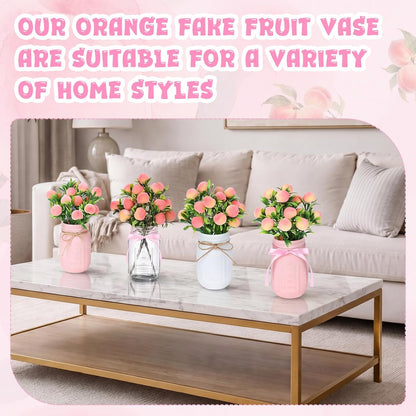 6 Sets Artificial Peach Branches with Vase Ribbon 12.6'' Realistic Faux Fruit Bouquet Fake Stem with Green Leaves Decorative for Home Party Farmhouse Table Decor (Pink, White, Clear)