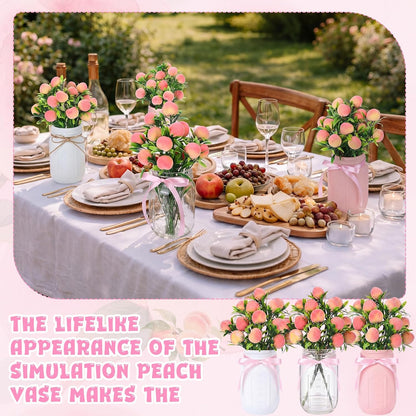 6 Sets Artificial Peach Branches with Vase Ribbon 12.6'' Realistic Faux Fruit Bouquet Fake Stem with Green Leaves Decorative for Home Party Farmhouse Table Decor (Pink, White, Clear)
