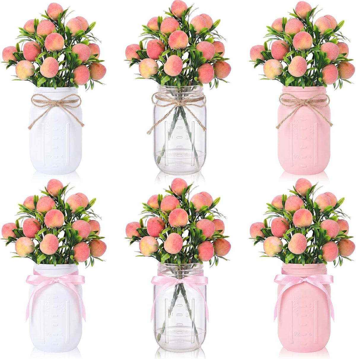 6 Sets Artificial Peach Branches with Vase Ribbon 12.6'' Realistic Faux Fruit Bouquet Fake Stem with Green Leaves Decorative for Home Party Farmhouse Table Decor (Pink, White, Clear)