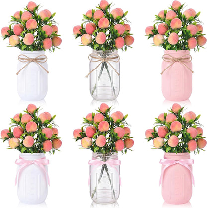 6 Sets Artificial Peach Branches with Vase Ribbon 12.6'' Realistic Faux Fruit Bouquet Fake Stem with Green Leaves Decorative for Home Party Farmhouse Table Decor (Pink, White, Clear)