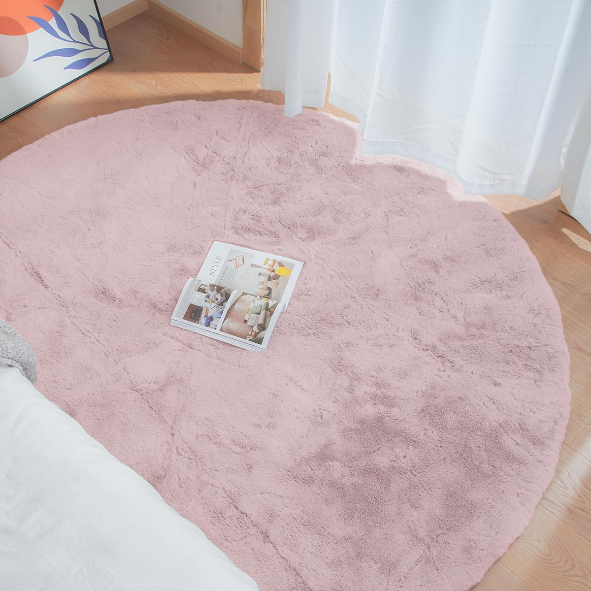 Pink Washable Fluffy Rugs for Bedroom Small Circle Faux Rabbit Shag Fur Area Rugs for Living Room Nursery Round Rug 3ft Rug