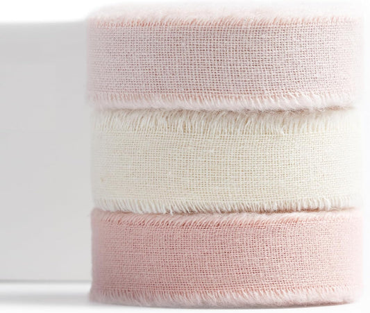 Cotton Ribbon 5/8" X 21 Yd Ivory/Blush/Dusty Pink Handmade Frayed Fabric Ribbon for Gift Wrapping, Wedding Invites, Bridal Bouquets, Baby Showers, Holiday Decor & DIY Crafts.