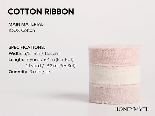 Cotton Ribbon 5/8" X 21 Yd Ivory/Blush/Dusty Pink Handmade Frayed Fabric Ribbon for Gift Wrapping, Wedding Invites, Bridal Bouquets, Baby Showers, Holiday Decor & DIY Crafts.