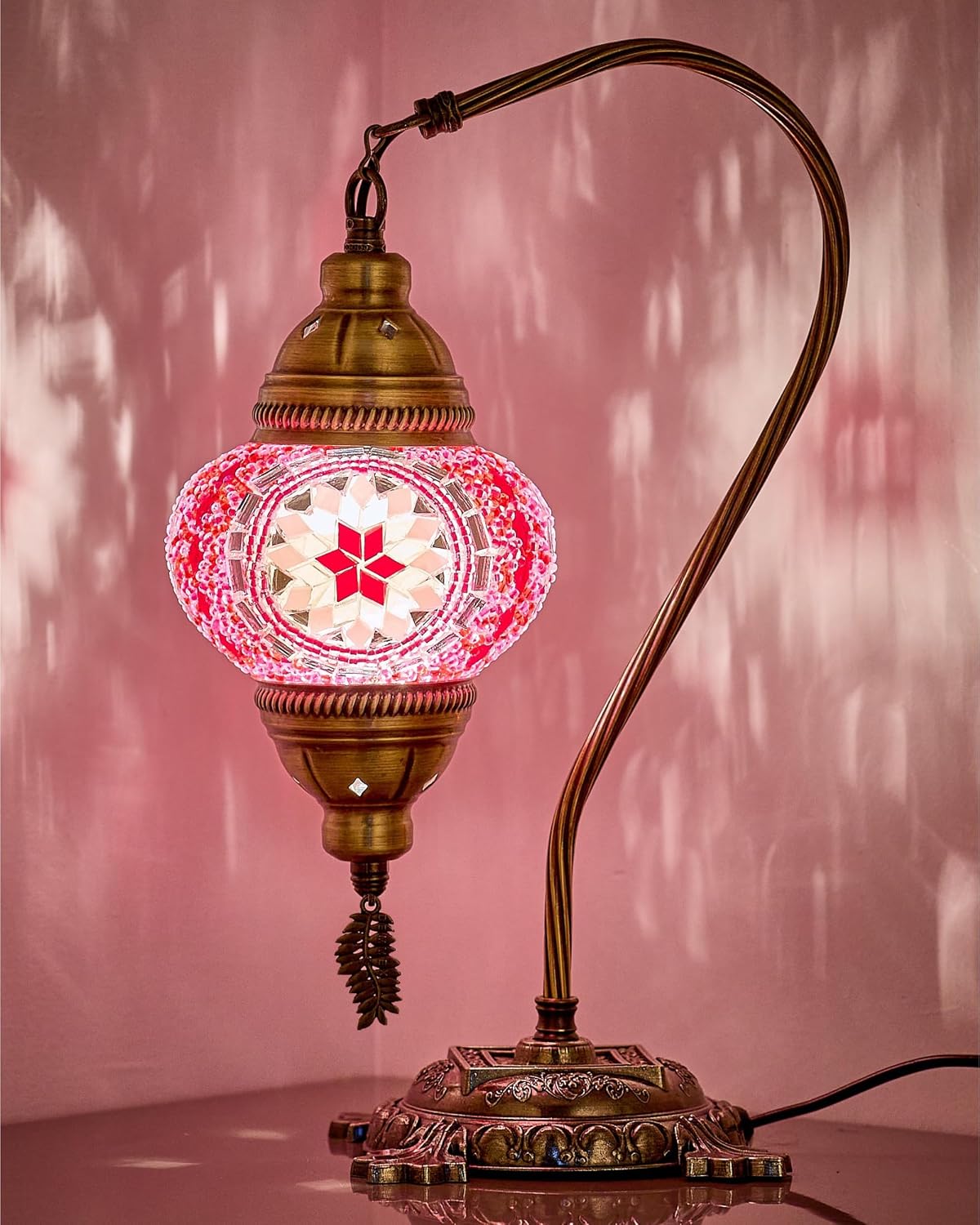 Turkish Moroccan Mosaic Table Lamp – Handcrafted Tiffany-Style Colorful Glass Swan Neck Bedside, Desk, Table Light, Boho Artisan Accent Lighting for Bedroom or Living Room – 15" H, Pink