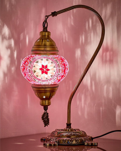Turkish Moroccan Mosaic Table Lamp – Handcrafted Tiffany-Style Colorful Glass Swan Neck Bedside, Desk, Table Light, Boho Artisan Accent Lighting for Bedroom or Living Room – 15" H, Pink
