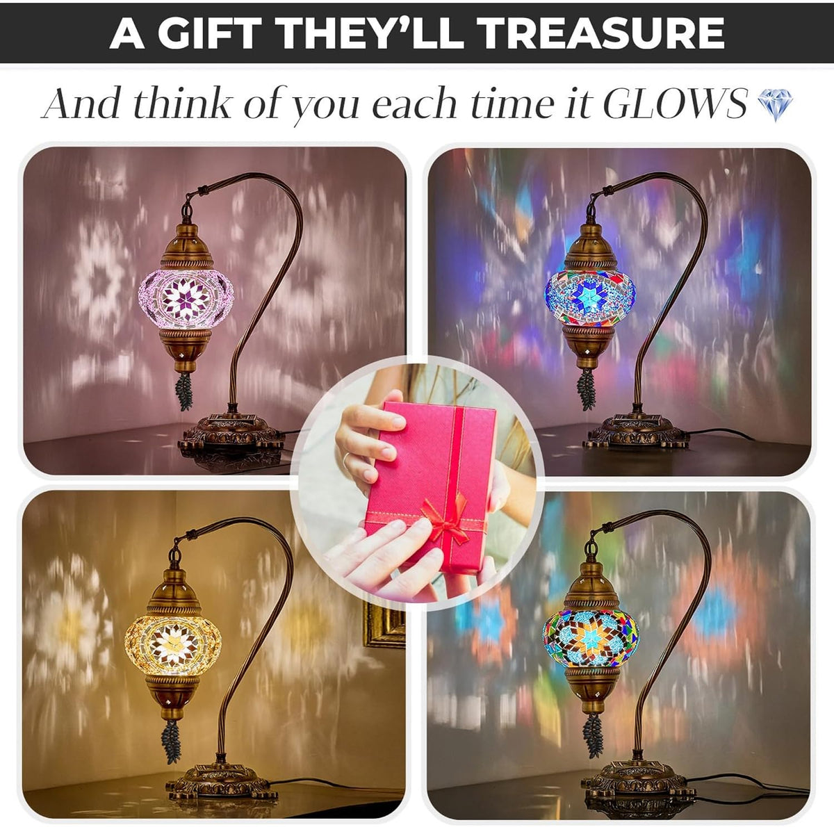 Turkish Moroccan Mosaic Table Lamp – Handcrafted Tiffany-Style Colorful Glass Swan Neck Bedside, Desk, Table Light, Boho Artisan Accent Lighting for Bedroom or Living Room – 15" H, Pink