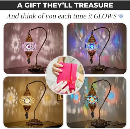 Turkish Moroccan Mosaic Table Lamp – Handcrafted Tiffany-Style Colorful Glass Swan Neck Bedside, Desk, Table Light, Boho Artisan Accent Lighting for Bedroom or Living Room – 15" H, Pink