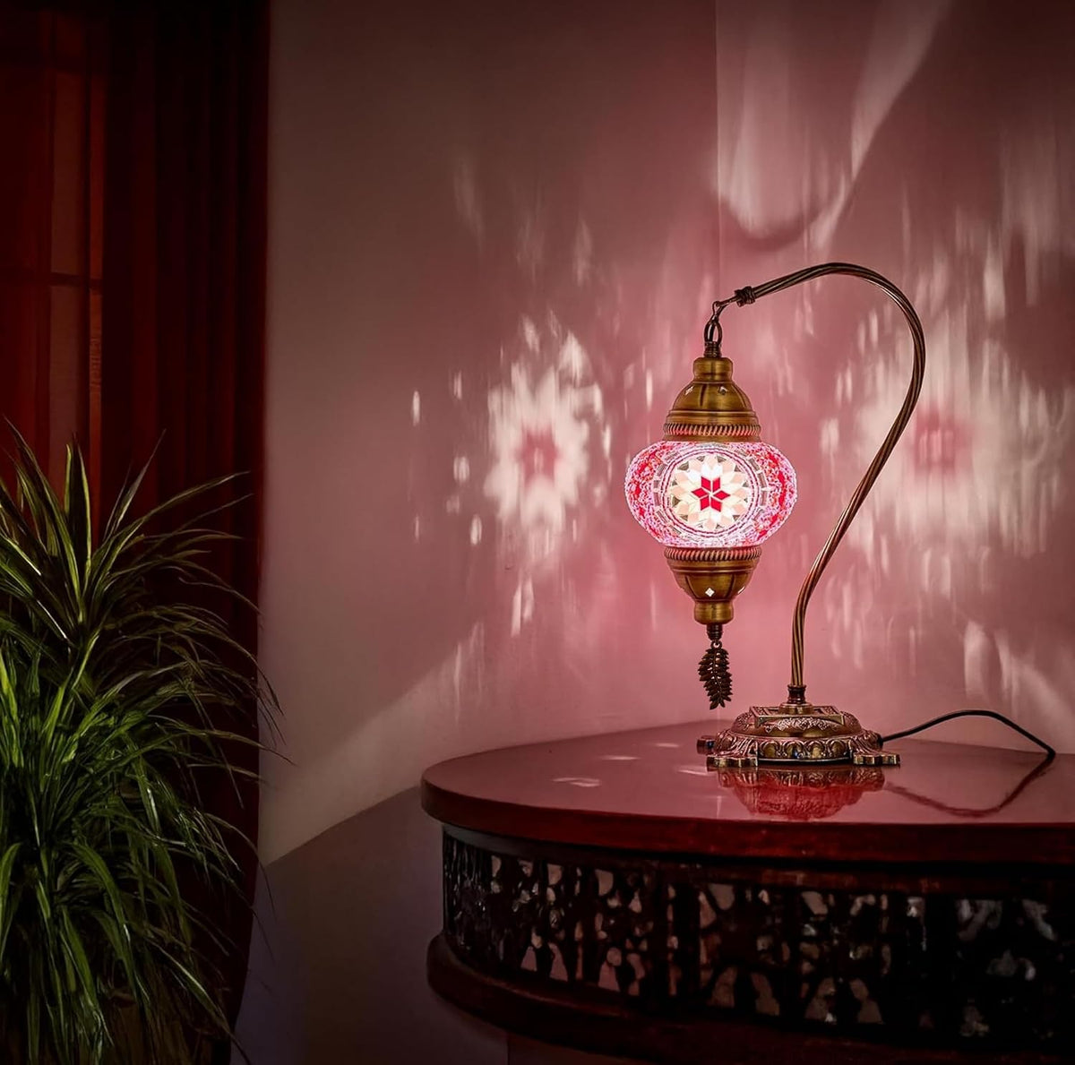 Turkish Moroccan Mosaic Table Lamp – Handcrafted Tiffany-Style Colorful Glass Swan Neck Bedside, Desk, Table Light, Boho Artisan Accent Lighting for Bedroom or Living Room – 15" H, Pink