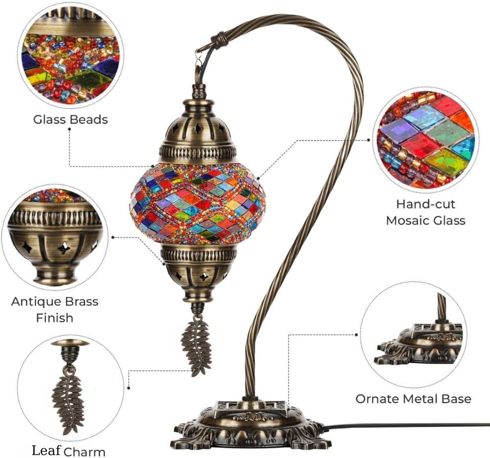 Turkish Moroccan Mosaic Table Lamp – Handcrafted Tiffany-Style Colorful Glass Swan Neck Bedside, Desk, Table Light, Boho Artisan Accent Lighting for Bedroom or Living Room – 15" H, Pink