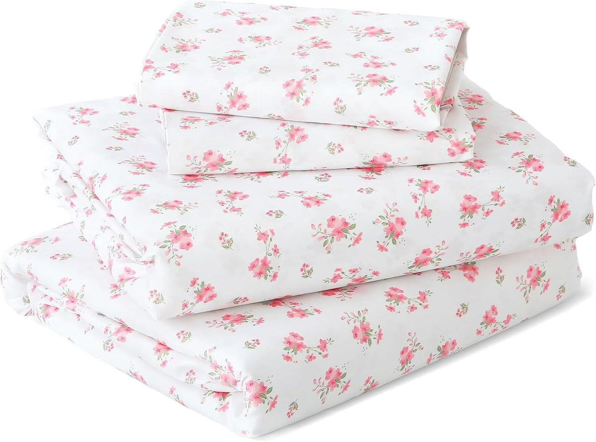 Queen Size 4 Piece Sheet Set, Soft Breathable Bed Sheet Set for Bedroom with Deep Pocket Up to 16", Wrinkle-Free & Cooling Bedding for Oeko-TEX Certified - Blossoms Pink