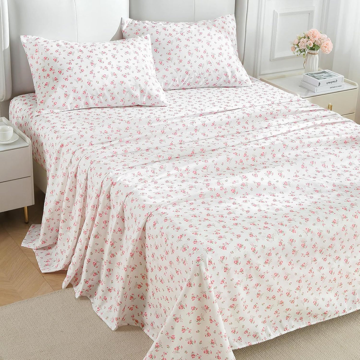 Queen Size 4 Piece Sheet Set, Soft Breathable Bed Sheet Set for Bedroom with Deep Pocket Up to 16", Wrinkle-Free & Cooling Bedding for Oeko-TEX Certified - Blossoms Pink