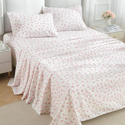 Queen Size 4 Piece Sheet Set, Soft Breathable Bed Sheet Set for Bedroom with Deep Pocket Up to 16", Wrinkle-Free & Cooling Bedding for Oeko-TEX Certified - Blossoms Pink