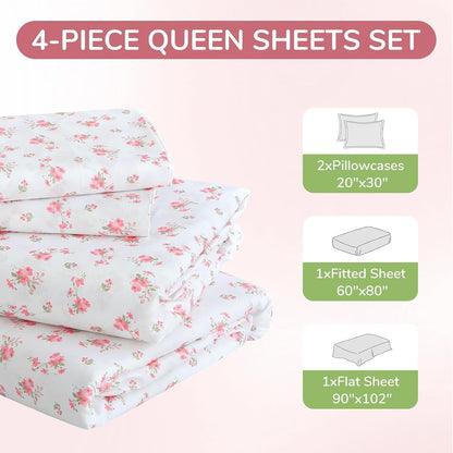 Queen Size 4 Piece Sheet Set, Soft Breathable Bed Sheet Set for Bedroom with Deep Pocket Up to 16", Wrinkle-Free & Cooling Bedding for Oeko-TEX Certified - Blossoms Pink