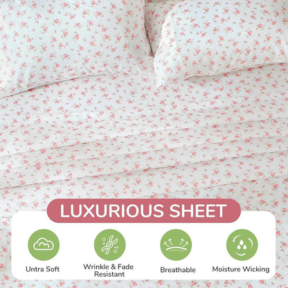 Queen Size 4 Piece Sheet Set, Soft Breathable Bed Sheet Set for Bedroom with Deep Pocket Up to 16", Wrinkle-Free & Cooling Bedding for Oeko-TEX Certified - Blossoms Pink