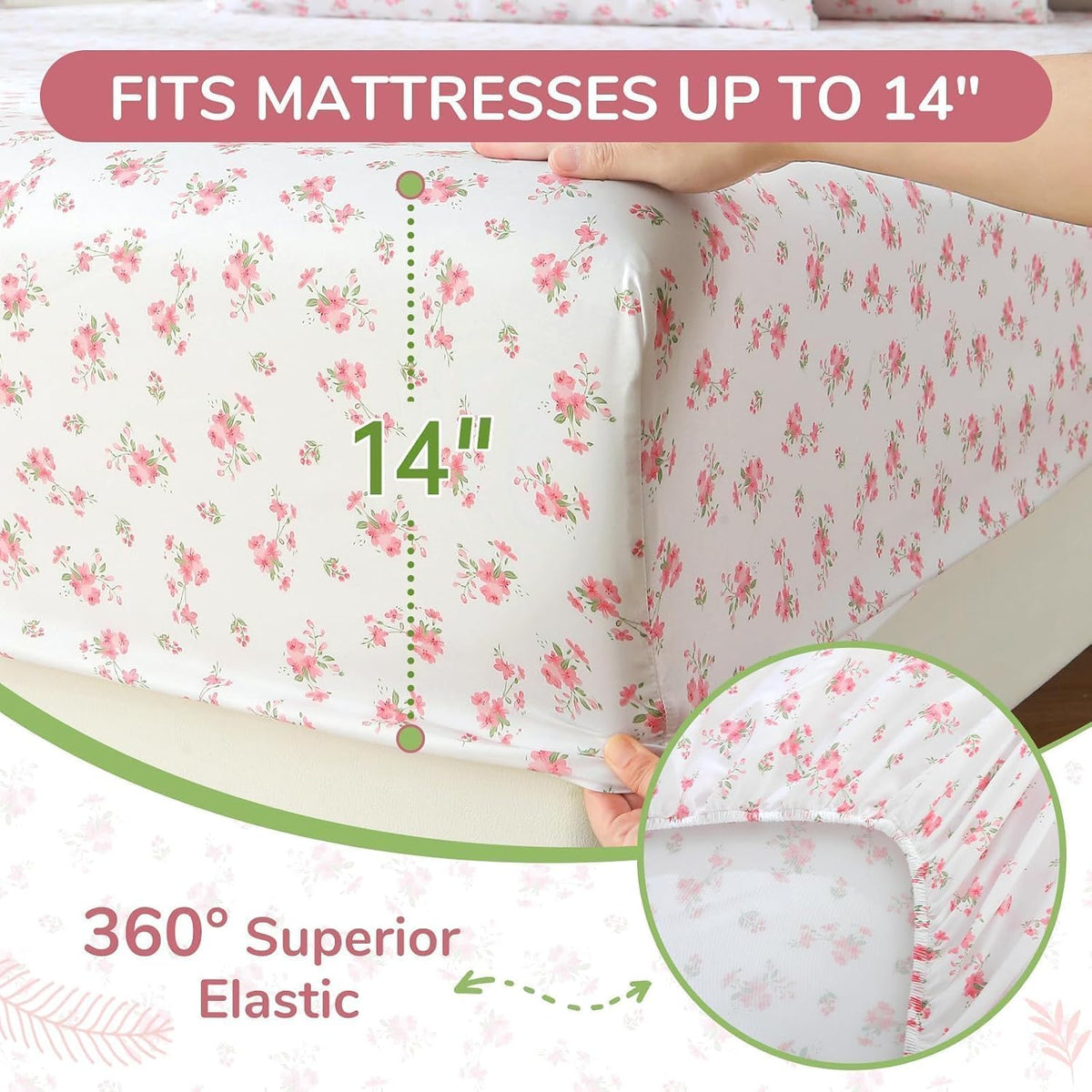 Queen Size 4 Piece Sheet Set, Soft Breathable Bed Sheet Set for Bedroom with Deep Pocket Up to 16", Wrinkle-Free & Cooling Bedding for Oeko-TEX Certified - Blossoms Pink
